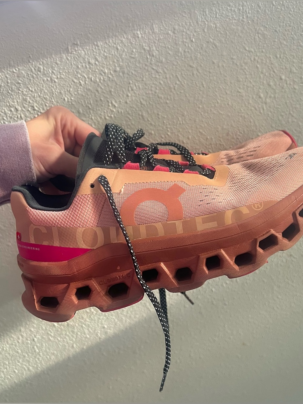 On Running Women's Cloudmonster in Peach and Hot Pink - Picture 3 of 6